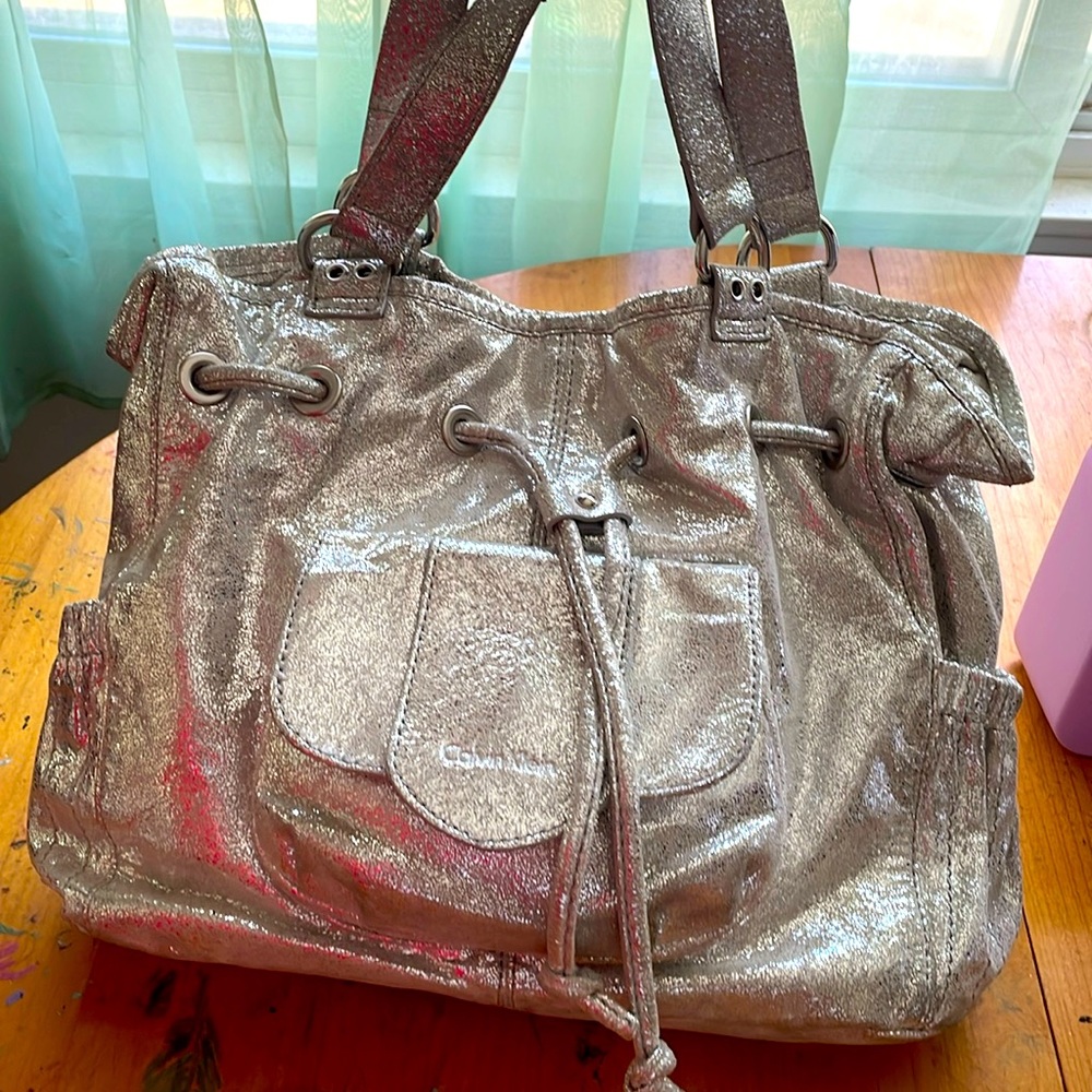 Calvin Klein silver metallic leather bag